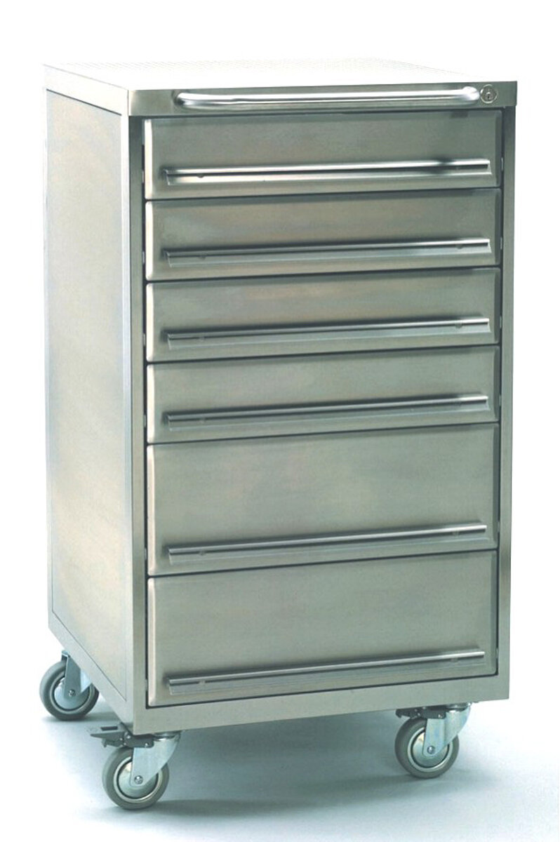 Cleanroom tool trolley made of stainless steel with 6 drawers and castors
